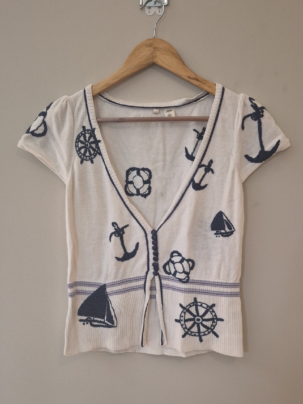 Moth Cream Short-Sleeve Cardigan with Navy Nautical Embroidery